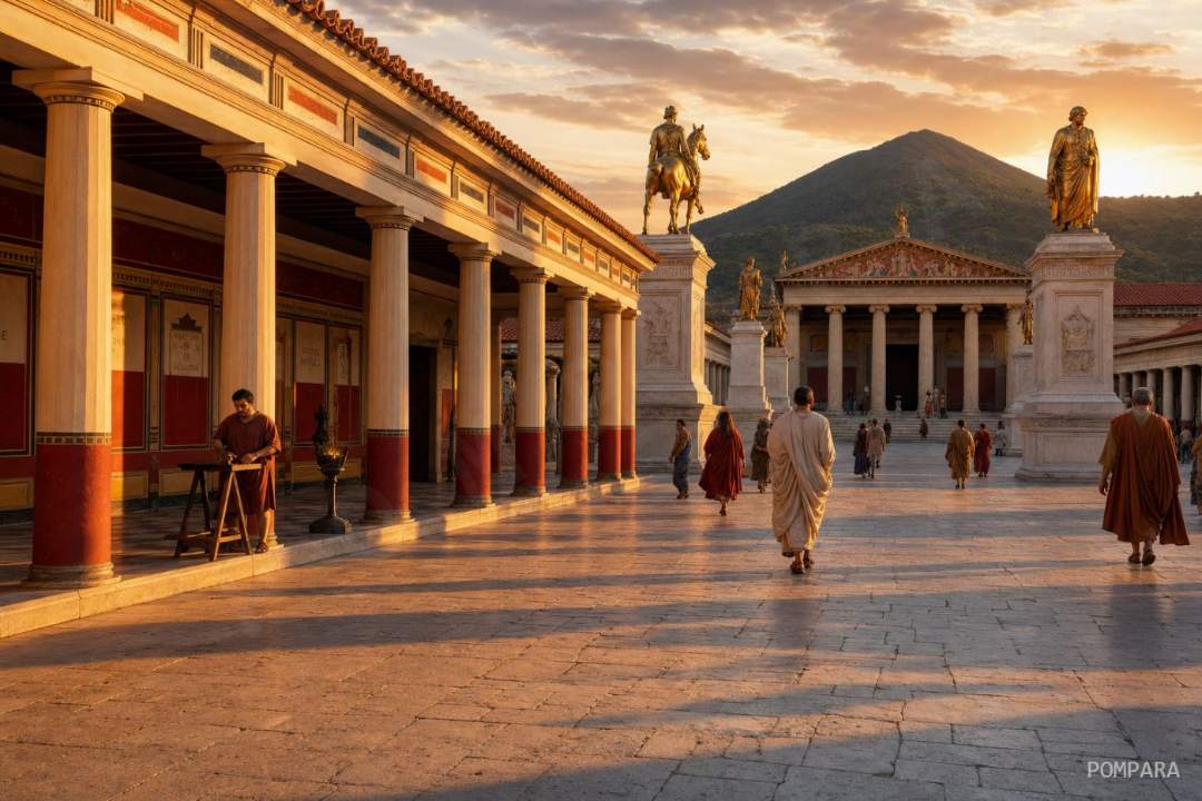 The Forum of Pompeii at golden hour, Vesuvius beyond