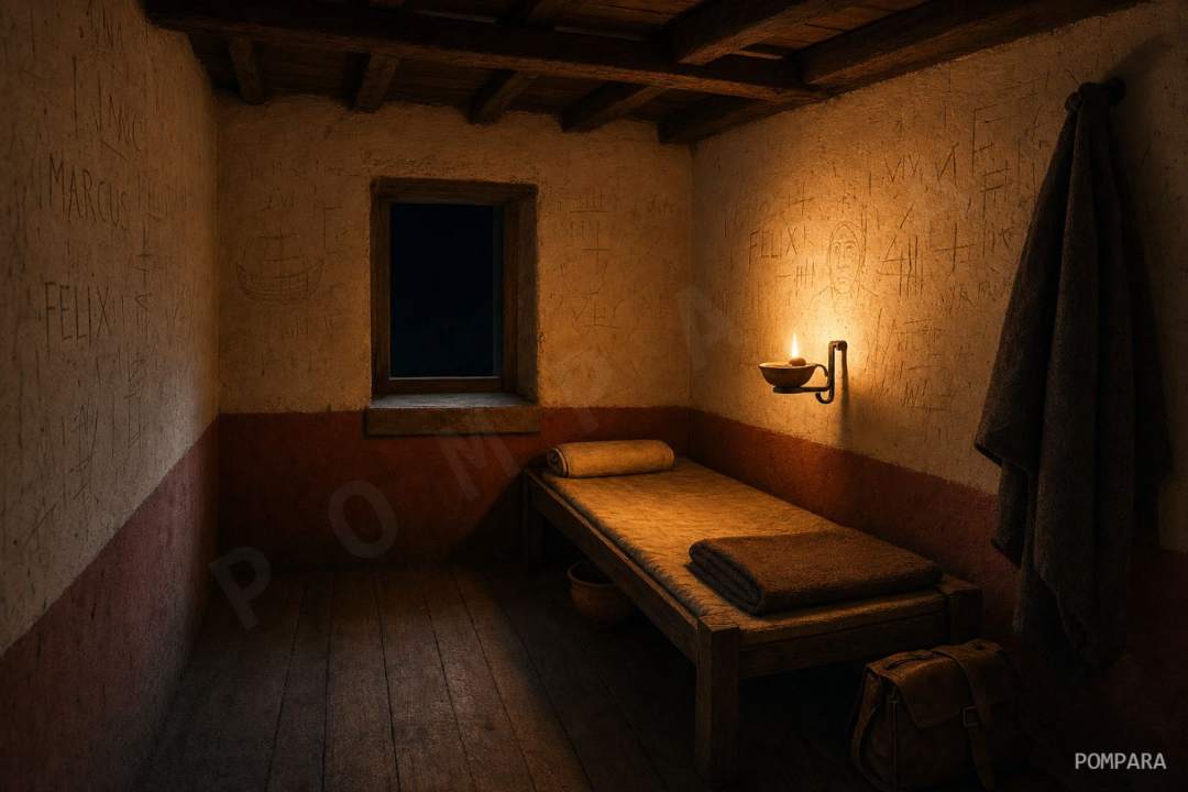 A candlelit room in Pompeii, its walls covered in graffiti